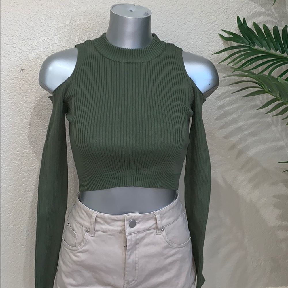 Olive green cold shoulder crop top
